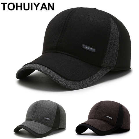 TOHUIYAN, шерстяная бейсболка для мужчин, плотная теплая зимняя шапка, шапки для мужчин, кепки с ушами, мужские ветрозащитные шапки для папы, Мужская кепка 4000296775389