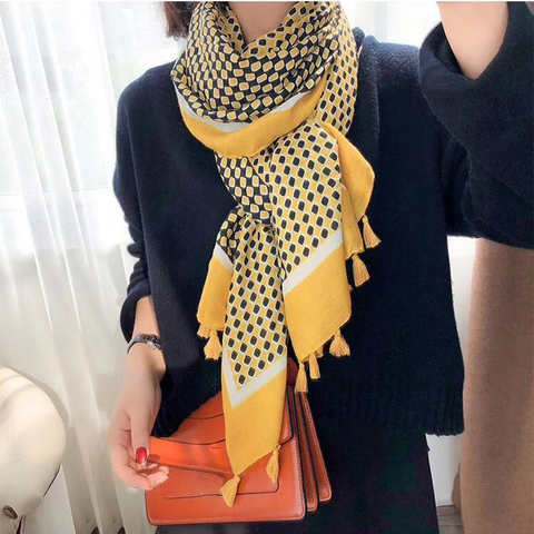 Шарф женский хлопковый с геометрическим рисунком, желтый Модный шали из вискозы из пашмины, бандана, хиджаб, зимний теплый шарф 4000304867699