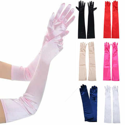 Женские вечерние деловые перчатки, однотонные атласные Длинные Варежки с пальцами, перчатки для передних отверстий, красного, белого и розового цвета 4000334428025