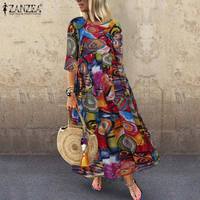 Женское плиссированное платье ZANZEA, винтажное длинное платье с принтом, туника с рукавом 2023, осень-лето 3/4 4000382175314