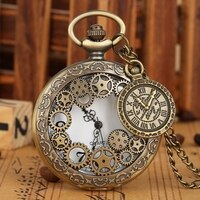 Винтажный старинный медный стимпанк бронзовые полые шестерни кварцевые карманные часы ожерелье кулон часы цепочка для мужчин женщин с аксессуарами 4000405440543