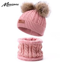 Комплект из шапки и шарфа, для девочек, вязаные шапки с помпоном из искусственного Помпона, плюшевые, теплые, зимние 4000423528985