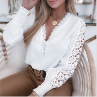 Женская кружевная блузка с длинным рукавом, элегантная повседневная блузка с V-образным вырезом, весна-осень 2022 4000439000538