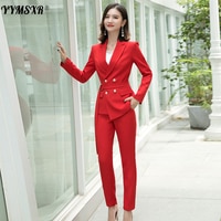 Яркий высококачественный тканевый женский костюм с профессиональными брюками, новый приталенный красный женский Блейзер, куртка, пальто, повседневные брюки, из двух предметов 4000481647298