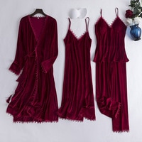 Женский Велюровый костюм для сна бордового цвета из 2 предметов, пижамный комплект, халат, одежда для сна, домашняя одежда, бархатный халат, Ночная одежда, осенняя одежда для отдыха 4000483391303