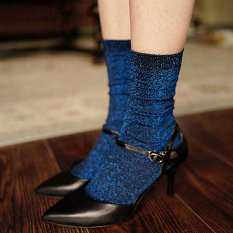 Женские блестящие однотонные носки, модные женские блестящие винтажные уличные хлопковые носки в стиле Харадзюку, красивые сексуальные носки с серебряной проволокой для девушек 4000530574999