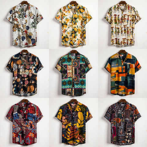 Льняная рубашка с коротким рукавом, мужская, летняя, Цветочная, свободная, мешковатая, повседневная, гавайская, праздничная, Пляжная рубашка, топы, блузка на пуговицах, в национальном стиле 4000534748112