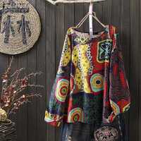Блузка ZANZEA Женская с длинным рукавом, винтажная хлопковая льняная футболки, туники, топы с цветочным принтом, Повседневная Свободная блузка в богемном стиле, 7 цветов, на весну 4000624701577