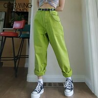 Брюки женские повседневные с завышенной талией, шаровары в стиле панк, длинные брюки бойфренда в стиле хип-хоп, зеленые желтые, на осень 4000689654833