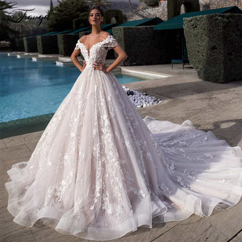 ТРАПЕЦИЕВИДНОЕ кружевное свадебное платье Traugel с открытыми плечами, элегантные кружева платье невесты со шлейфом, размера плюс 4000704332385