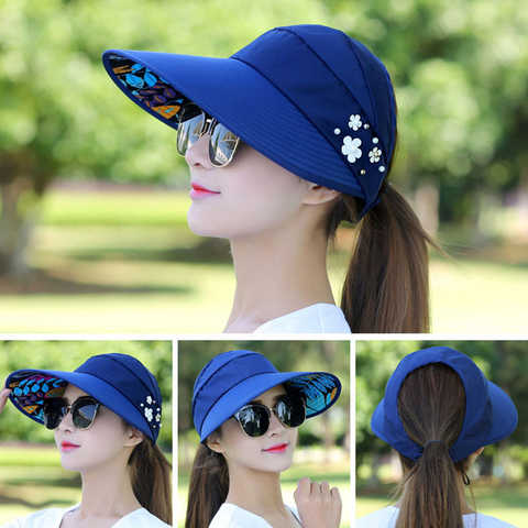 Летние шляпы для женщин Складная Солнцезащитная шляпа с жемчужным цветком козырек Солнцезащитная Гибкая шляпа женская уличная Повседневная Бейсболка 4000711161541