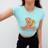 Женская футболка с принтом небесно-голубого медведя, розовая Повседневная футболка с коротким рукавом и милым мультяшным принтом, на лето 4000774180182
