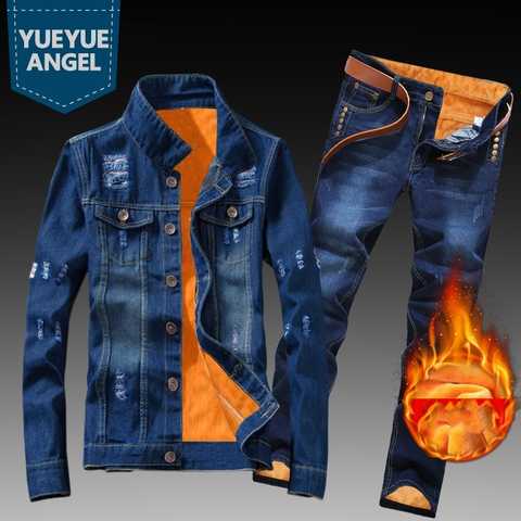 Мужской теплый джинсовый костюм из двух предметов с флисовой подкладкой, облегающая куртка-хомут, джинсовый костюм, брюки-карго в стиле сафари, зимний комплект 4000785189437