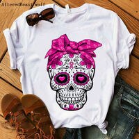 Женская модная розовая бандана с изображением сахарного черепа, топы с изображением черепа, бандана, футболка для мамы, Женская винтажная одежда в стиле хип-хоп, забавная Футболка с принтом 4000789354059
