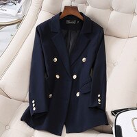 Женский офисный костюм, элегантный двубортный пиджак синего цвета, весна-осень 2022 4000836696842