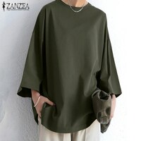 Женская однотонная мешковатая блузка ZANZEA 2023, винтажные топы с расклешенными рукавами, повседневные осенние блузы, Женская туника с разрезом, большие размеры 4000908791479