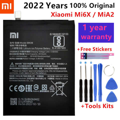 2021 год 100% оригинальный аккумулятор Xiao mi BN36 2910 мАч для Xiaomi 6X A2 Mi6X MiA2 M6X MA2 Высококачественная замена телефона + Инструменты 4000936560696