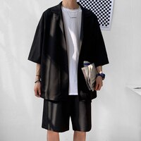 Корейский стиль мужской комплект пиджак и шорты однотонный Тонкий Топ с коротким рукавом подходящие низ летняя модная мужская одежда оверсайз 4000939281969