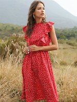Летнее женское элегантное платье с принтом в горошек, 2022 повседневное шифоновое платье средней длины с рукавами-бабочками и оборками 4000957042790