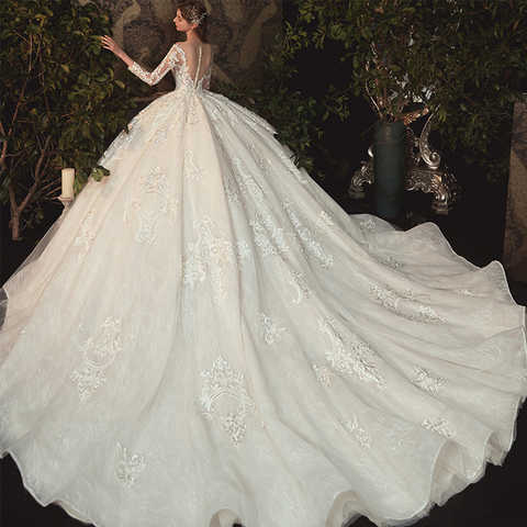 Кружевное бальное платье принцессы, с вышивкой бисером, жемчугом, с длинным рукавом 4000962136357