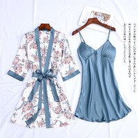 Женский атласный сексуальный комплект, женская ночная рубашка, шелковая пижама с принтом, Халат + ночная рубашка, пижама 4000966498592