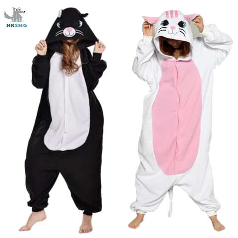 HKSNG новые черные и белые коты кигуруми комбинезон зимние фланелевые пижамы с животными Мультяшные взрослые костюмы на Хэллоуин 4000983398241