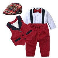 Детские костюмы, Одежда для новорожденных мальчиков, комбинезон + жилет + шапка, официальная одежда, праздвечерние чное платье с бантом, детское платье на день рождения для малышей 0- 24 месяцев 4001009367085