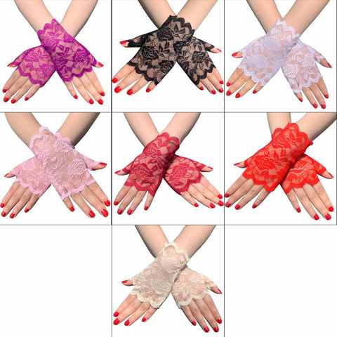 Перчатки женские кружевные без пальцев, ажурные митенки с цветочным рисунком, короткие, с защитой от ультрафиолета, на половину пальцев, летние 4001017653275