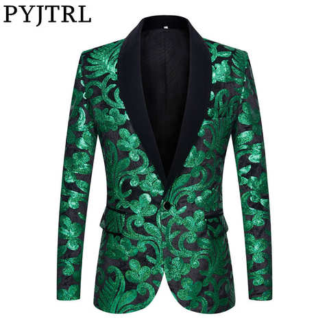 Мужской вельветовый пиджак PYJTRL, зеленый, черный пиджак с блестками и цветочным узором, облегающий костюм для свадьбы, выпускного вечера 4001024581799