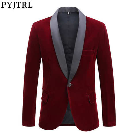 PYJTRL Мужской осенне-зимний бархатный модный пиджак для отдыха винно-красного цвета, приталенный Блейзер для жениха и свадьбы 4001024935300