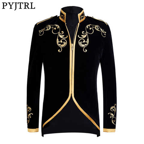 Мужской бархатный пиджак PYJTRL с вышивкой в британском стиле, золотистый бархатный пиджак дворцового принца, блейзер в полоску с вышивкой для свадьбы, жениха, певца 4001024984447