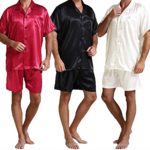 Комплект пижамный мужской из 2 предметов, атласная шелковая одежда для сна с коротким рукавом, ночная рубашка, домашняя одежда, топ и штаны, на лето 4001104725842