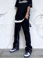 Брюки-клеш мужские с широкими штанинами, городская уличная одежда, джинсы в стиле хип-хоп, брюки с брызгами чернил, облегающие штаны из денима в стиле пэчворк 4001107519539