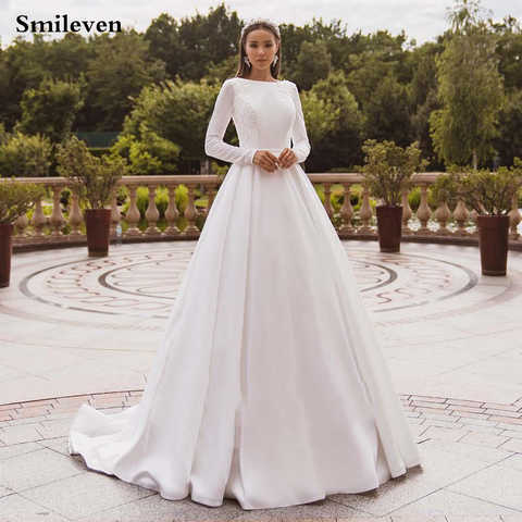 Женское атласное свадебное платье Smileven, элегантное кружевное платье невесты с длинным рукавом, мусульманское свадебное платье с закрытой спиной, 2020 4001111152477