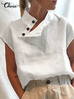 Celmia-Женские летние блузки, модные женские блузки 2023, хлопковая льняная белая рубашка, элегантные топы с коротким рукавом, легкая туника 4001112977757