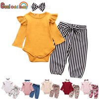 Комплект одежды для новорожденных девочек, модный осенний комплект для малышей, однотонный комбинезон, штаны, повязка на голову, Одежда для новорожденных 4001129069888