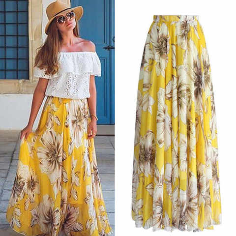 2021 New Fashion Elegant Chiffon BOHO Womens Floral Jersey Gypsy Long Maxi Full Print Skirt Holiday Beach юбка летняя женская 4001153048691
