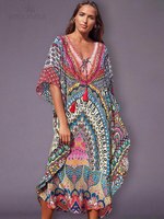 2022 быстросохнущее пляжное платье свободного покроя с богемным принтом, марокканский кафтан, Женская пляжная одежда больших размеров, платье миди с кисточками Q897 4001163350875