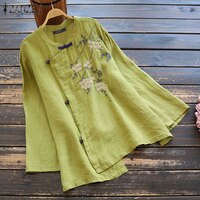 Модные цветочные рубашки ZANZEA, женская блузка с вышивкой, Женская Цветочная туника с длинным рукавом, Женские повседневные нестандартные Топы 4001164017086
