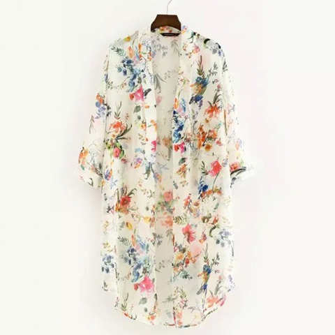 Женская винтажная легкая простая длинная Солнцезащитная блузка, свободная шаль, кимоно, кардиган, топы в стиле бохо, цветочные шифоновые блузки 4001199689106