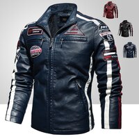 Мужская винтажная мотоциклетная куртка, новая Байкерская кожаная куртка, Мужская куртка-бомбер с вышивкой, зимнее флисовое пальто из искусственной кожи, 2021 4001220785719