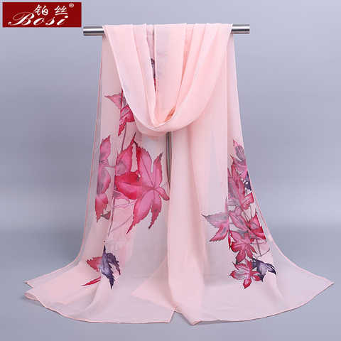 Новые шифоновые кленовые бриллиантовые женские модные летние мягкие разноцветные длинные шарфы с принтом 2020, богемный цветочный хиджаб, розовая Женская шаль 4001224533874