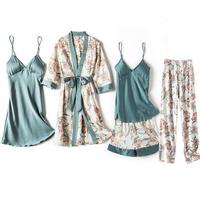 Комплект для сна женский атласный, пикантная Ночная рубашка и халат, кимоно, халат с цветочным принтом, домашняя одежда, синий цвет 4001226551480
