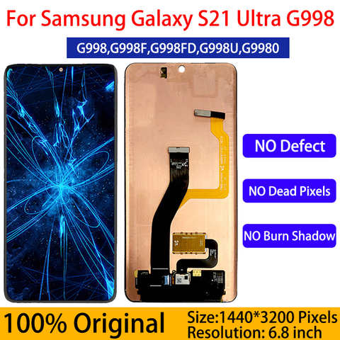 100% Оригинальный SUPER AMOLED ЖК-дисплей для SAMSUNG Galaxy S21 Ultra G9980 G998F G998 дисплей сенсорный экран дигитайзер в сборе S21Ultra 4001228375685
