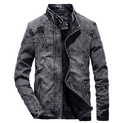 Новая Винтажная Мужская джинсовая куртка, однотонная повседневная мужская джинсовая куртка, модная одежда со стоячим воротником для мужчин, черная и синяя куртка-бомбер 4001233478268