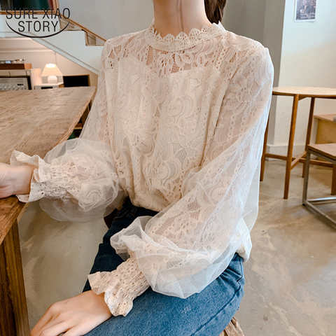 Женская кружевная рубашка с длинным рукавом-фонариком, новая осенняя белая винтажная блузка, женская одежда 2022, милый корейский Топ для женщин 10456 4001247825193