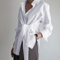 Модная женская рубашка, блузка с длинным рукавом, с рюшами, однотонная блузка для офиса, женская белая, синяя, черная Осенняя рубашка 4001260832313