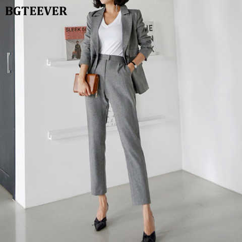 Женский брючный костюм BGTEEVER, из двух предметов, блейзер с длинным рукавом, однотонный, элегантный офисный брючный костюм, осень 2021 4001272041243