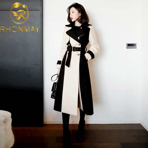Женское твидовое пальто в Корейском стиле, модное шерстяное двубортное длинное пальто в стиле пэчворк с поясом, шерстяное пальто, Осень-зима 4001292915144
