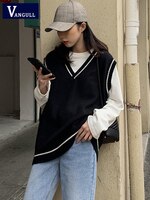 Vangull женский жилет простой Универсальный лоскутный вязаный свитер в Корейском стиле с V-образным вырезом для отдыха студенческий женский винтажный жилет без рукавов 4001293404506